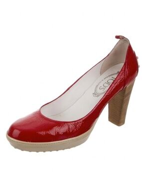 TOD'S Patent Red Leather Rubber Sole Pumps Italian Sz 39